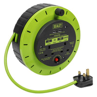 10m Cassette Type Cable Reel with Thermal Trip 2 x 230V & 2 x USB - Hi-Vis Green