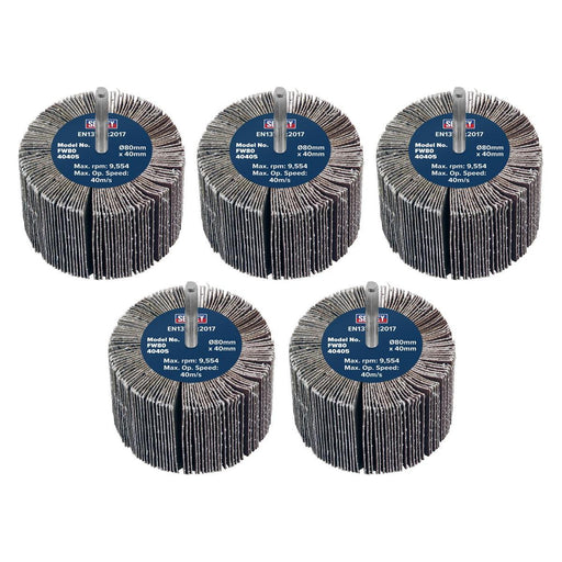 Sealey 80 x 40mm Abrasive Flap Wheel on 6mm Shaft 40Grit - Pack of 5 FW8040405 Sealey - Town Tools 