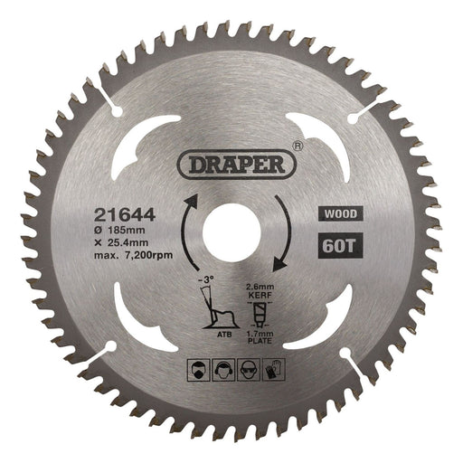 Draper TCT Circular Saw Blade for Laminate & Wood, 185 x 25.4mm, 60T 21644 Draper - Town Tools 