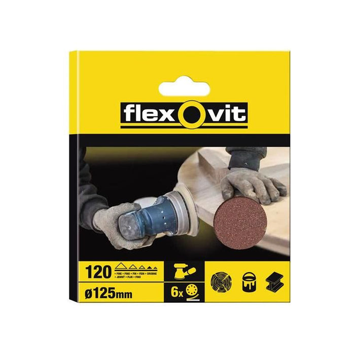 Flexovit Hook & Loop Sanding Disc 125mm Fine 120G 8 Holes (Pack 6) Flexovit - Town Tools