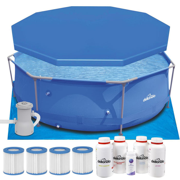 Dellonda Steel Frame Round Swimming Pool & Filter Pump with Cover 10ft - Blue