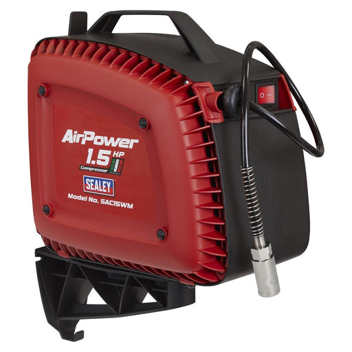 Sealey Wall Mounting Oil Free Air Compressor 1.5hp with 7m Retractable Hose Reel Sealey - Town Tools 