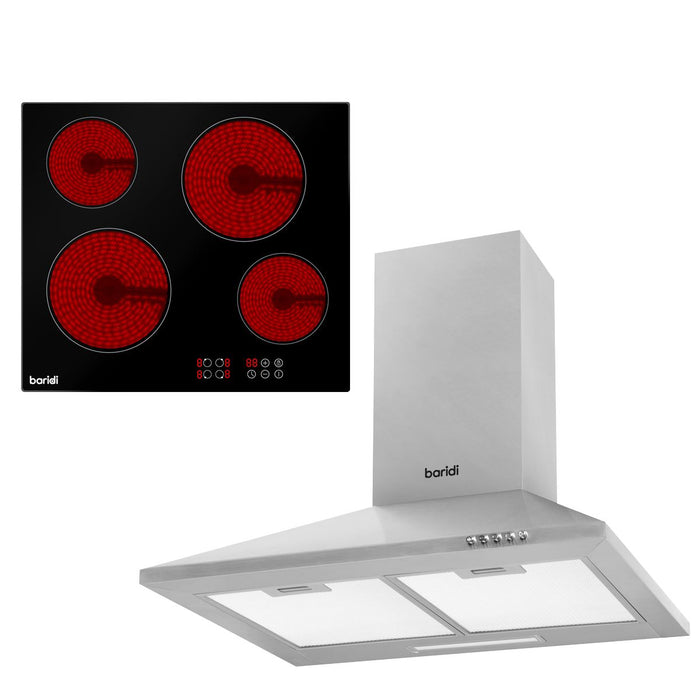 Baridi Integrated Ceramic Hob with 4 Cooking Zones 60cm & Cooker Hood