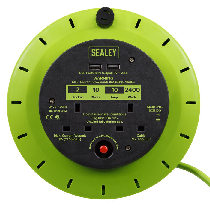 10m Cassette Type Cable Reel with Thermal Trip 2 x 230V & 2 x USB - Hi-Vis Green Sealey - Town Tools 