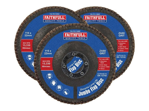 Faithfull Zirconia Abrasive Jumbo Flap Disc 115 x 22mm 80 Grit (3 Pack) Faithfull - Town Tools