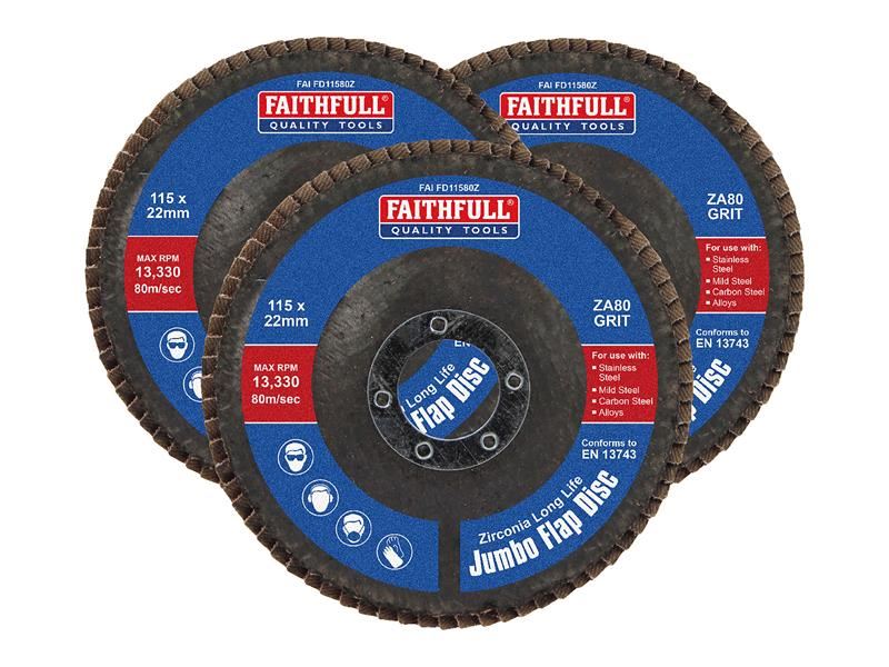 Faithfull Zirconia Abrasive Jumbo Flap Disc 115 x 22mm 80 Grit (3 Pack) Faithfull - Town Tools