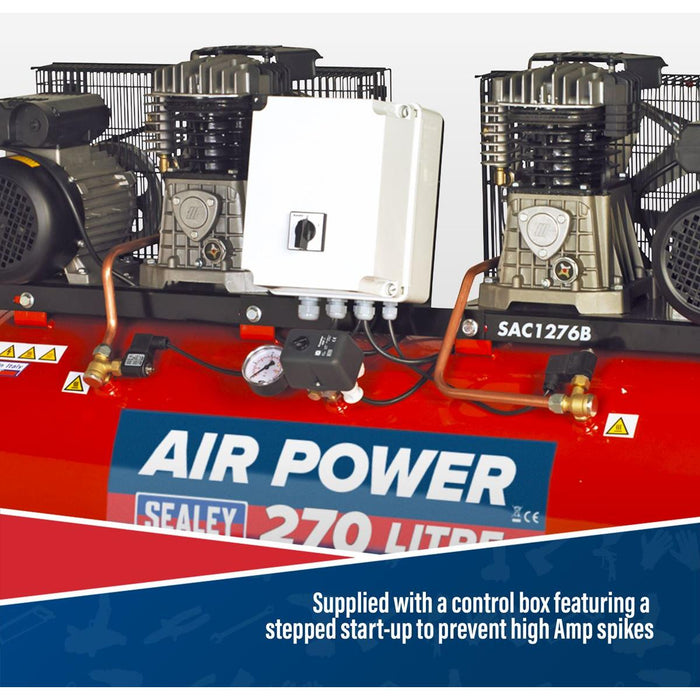 Sealey 270L Belt Drive Air Compressor with Cast Cylinders 2 x 3hp SAC1276B Sealey - Town Tools 
