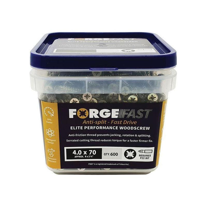 Forgefix ForgeFast Pozi Compatible Elite Performance Wood Screw ZY 4.0 x 70mm Tub 600 ForgeFix - Town Tools