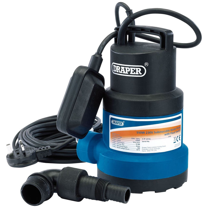 Draper Submersible Clean Water Pump with Float Switch, 191L/min, 550W 61584 Draper - Town Tools 