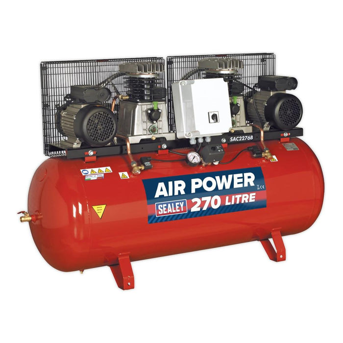 Sealey 270L Belt Drive Air Compressor with Cast Cylinders 2 x 3hp SAC2276B Sealey - Town Tools 