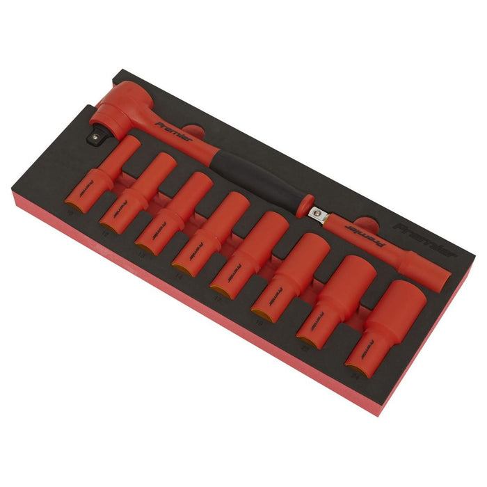 Premier Insulated Socket Set with Tool Tray 1/2"Sq Drive 10pc - VDE Approved Sealey Premier - Town Tools 