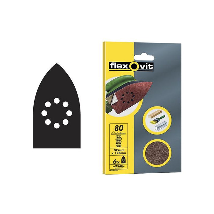 Flexovit Detail Hook & Loop Sanding Sheets 105x175mm Medium 80G (Pack 6) Flexovit - Town Tools