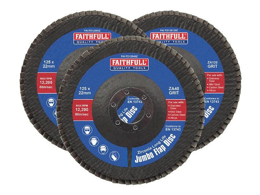 Faithfull Zirconia Abrasive Jumbo Flap Disc 125 x 22mm Mixed Grit (3 Pack) Faithfull - Town Tools