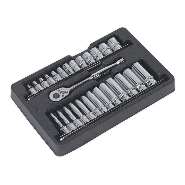 Sealey Ratchet Wrench & Socket Rail Set 27pc 1/4"Sq Drive AK66481 Sealey - Town Tools 