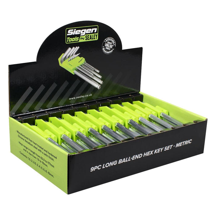 Siegen Siegen Long Ball-End Hex Key Set 9pc - Display Box of 10 S01263 Siegen - Town Tools 