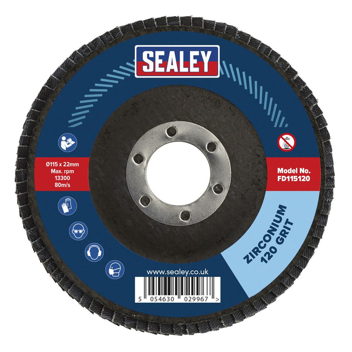 Sealey 115mm Zirconium Flap Discs 120Grit 22mm Bore - Pack of 10 FD11512010 Sealey - Town Tools 