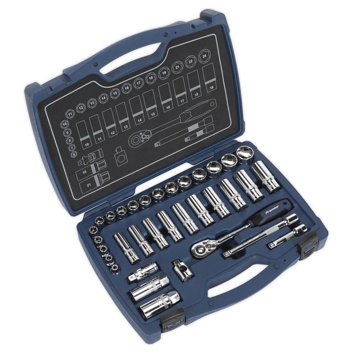 Sealey Socket Set 34pc 3/8"Sq Drive 6pt WallDrive Metric AK8991 Sealey - Town Tools 