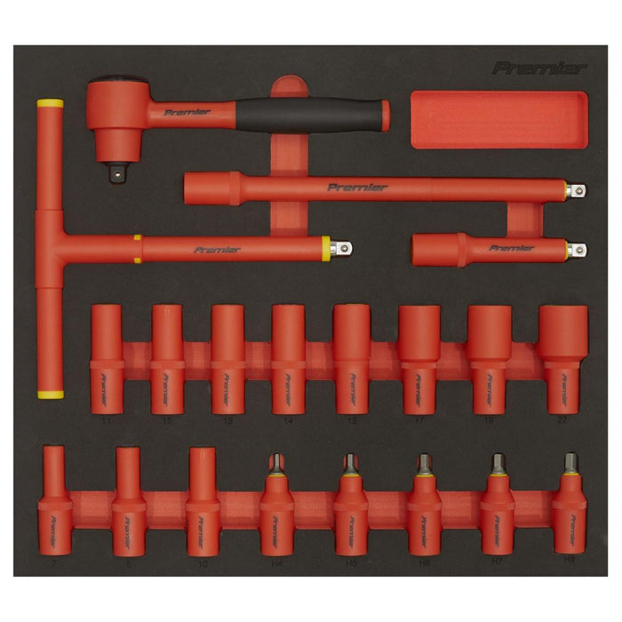 Premier Insulated Socket Set with Tool Tray 3/8"Sq Drive 20pc - VDE Approved Sealey Premier - Town Tools 