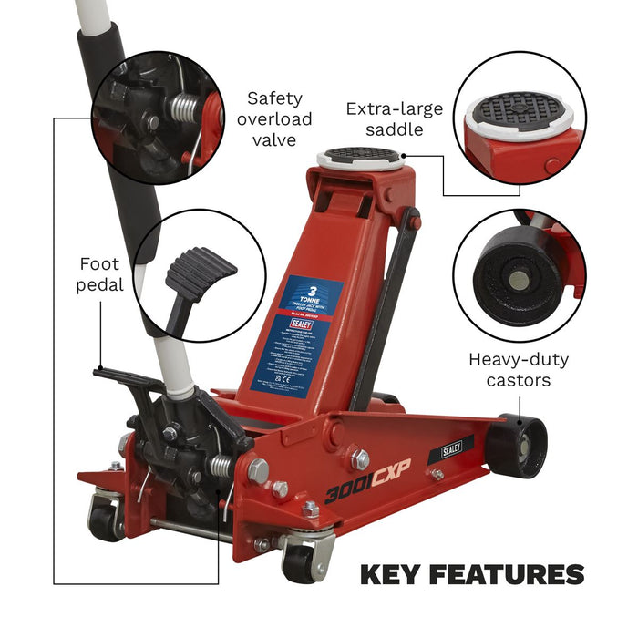 Sealey Trolley Jack with Foot Pedal 3 Tonne 3001CXP Sealey - Town Tools 