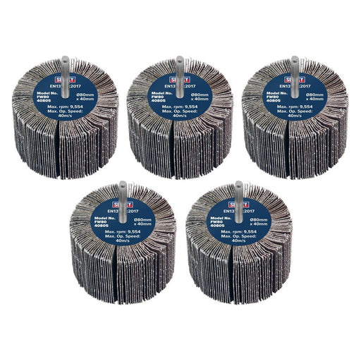 Sealey 80 x 40mm Abrasive Flap Wheel on 6mm Shaft 80Grit - Pack of 5 FW8040805 Sealey - Town Tools 