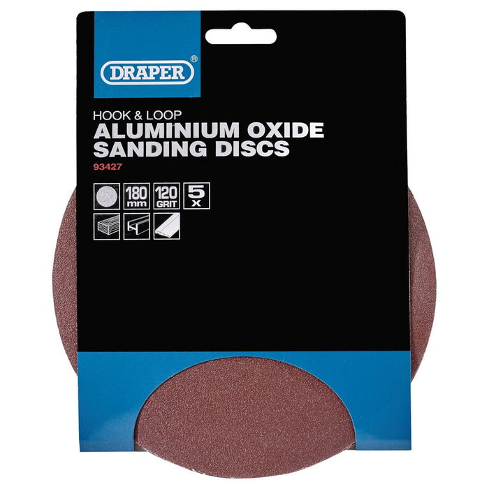 Draper Hook and Loop Aluminium Oxide Sanding Discs, 180mm, 120 Grit (Pack of 5)