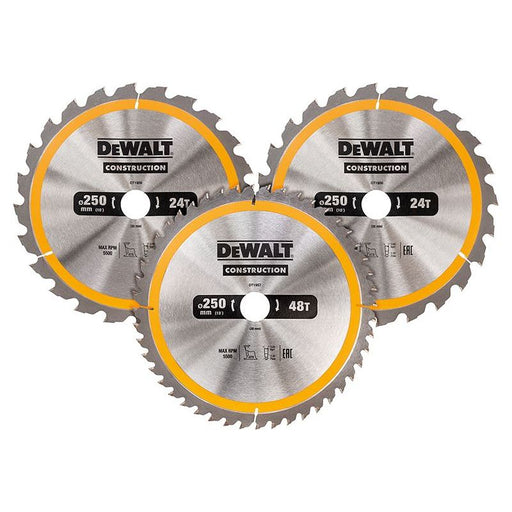 Dewalt Power Tools DT1963 Construction Circular Saw Blade 3 Pack 250 x 30mm x 24T/48T DeWALT Power Tools - Town Tools