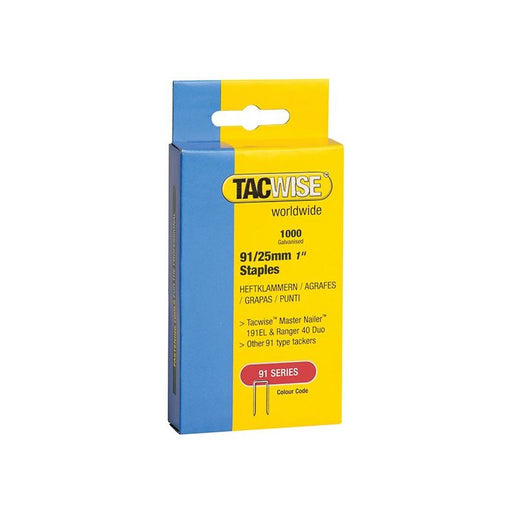 Tacwise 91 Narrow Crown Staples 25mm - Electric Tackers (Pack 1000) Tacwise - Town Tools