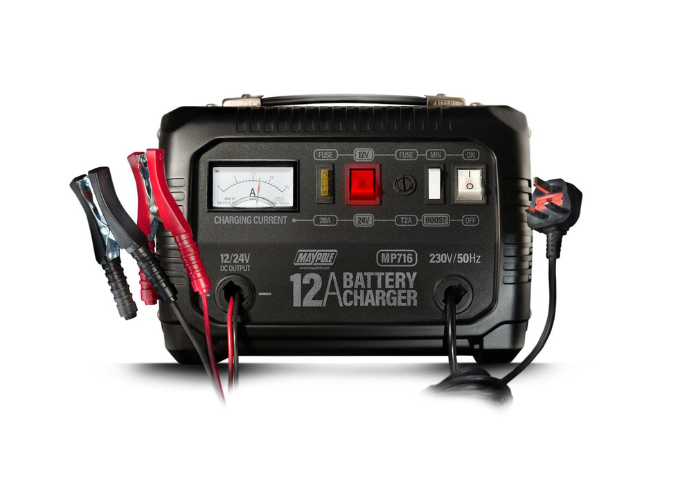 New Maypole MP716 12A Metal Battery Charger 12/24V Fast/Boost Mode Robust Steel