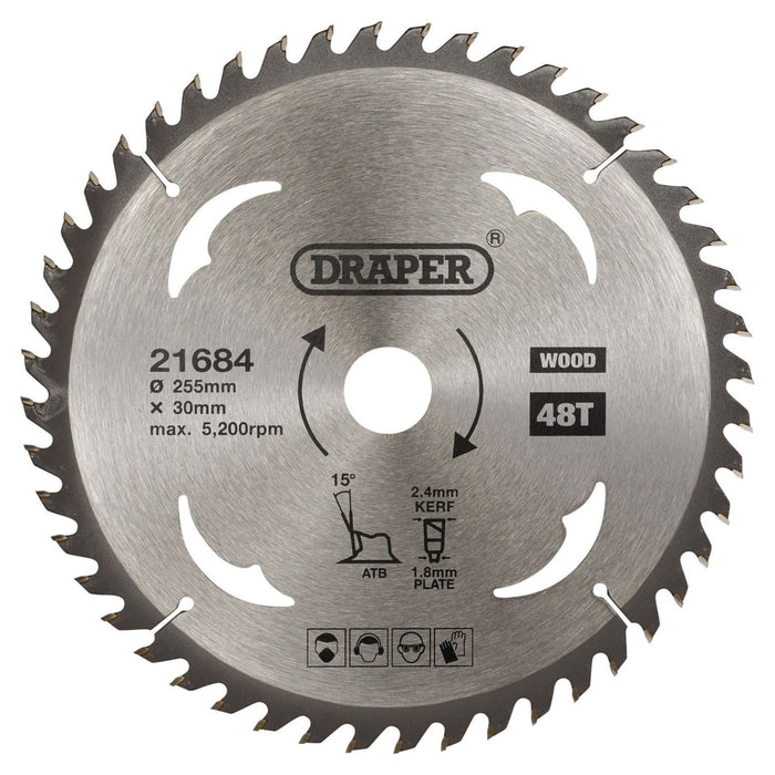 Draper TCT Circular Saw Blade for Wood, 255 x 30mm, 48T 21684 Draper - Town Tools 