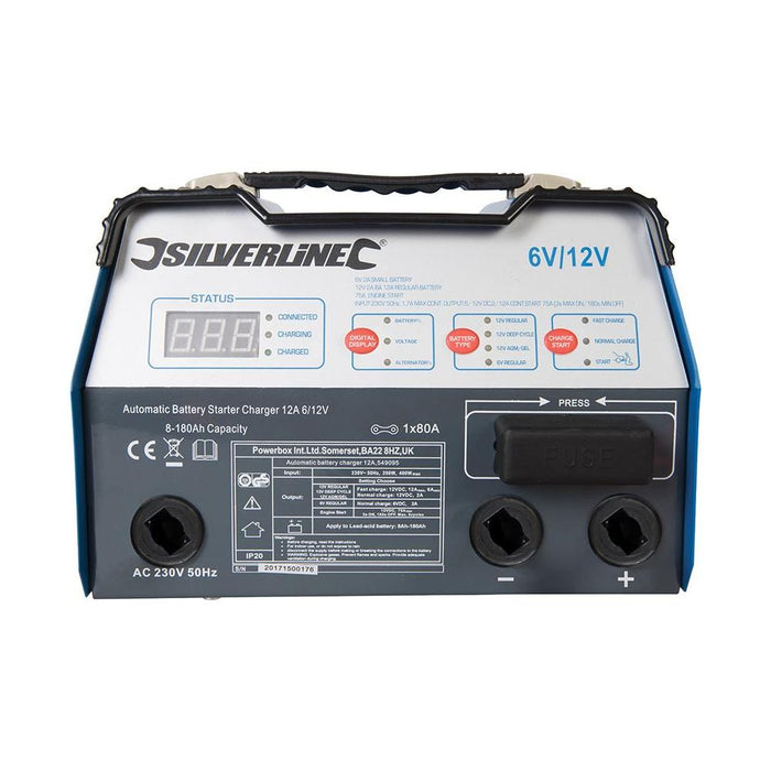 Silverline Automatic Battery Starter Charger 12A 6/12V 8-180Ah Capacity Silverline - Town Tools 