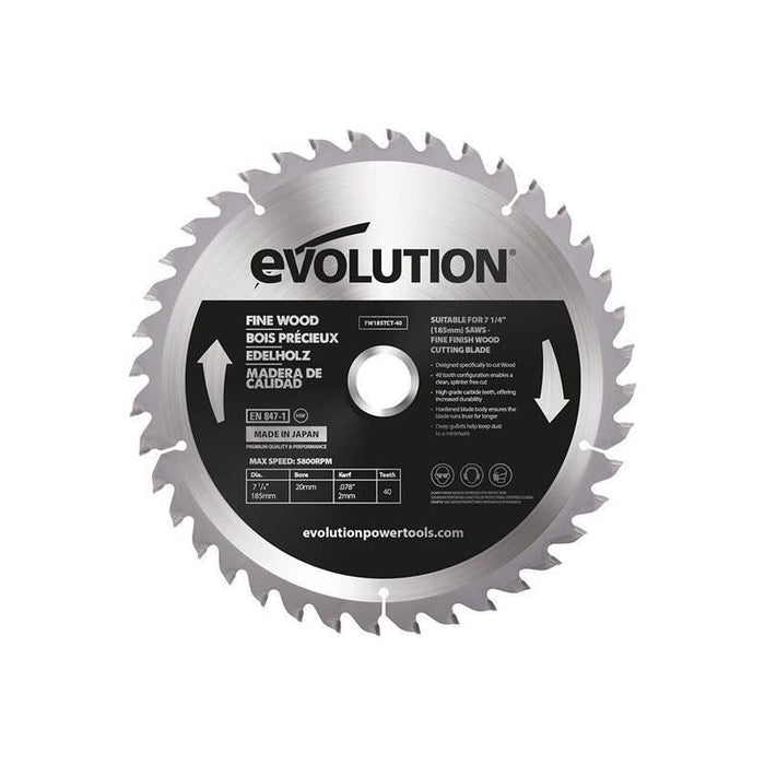 Evolution Fine Wood Mitre/Table Saw Blade 185 x 20mm x 40T Evolution - Town Tools