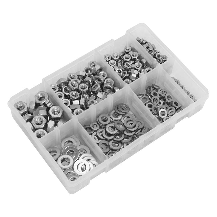Sealey Stainless Steel Nut and Washer Assortment M5-M10 500pc AB077NW Sealey - Town Tools 