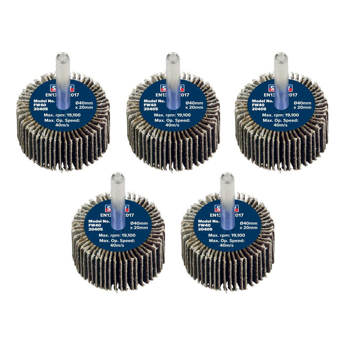Sealey 40 x 20mm Abrasive Flap Wheel on 6mm Shaft 40Grit - Pack of 5 FW4020405 Sealey - Town Tools 