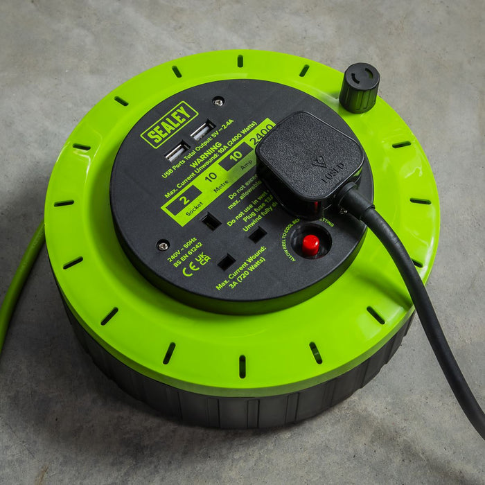 10m Cassette Type Cable Reel with Thermal Trip 2 x 230V & 2 x USB - Hi-Vis Green Sealey - Town Tools 