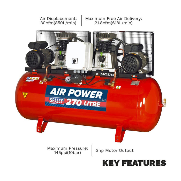 Sealey 270L Belt Drive Air Compressor with Cast Cylinders 2 x 3hp SAC2276B Sealey - Town Tools 