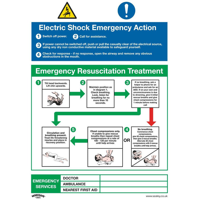 Sealey Safe Conditions Safety Sign Electric Shock Emergency Action Rigid Plastic Sealey - Town Tools 