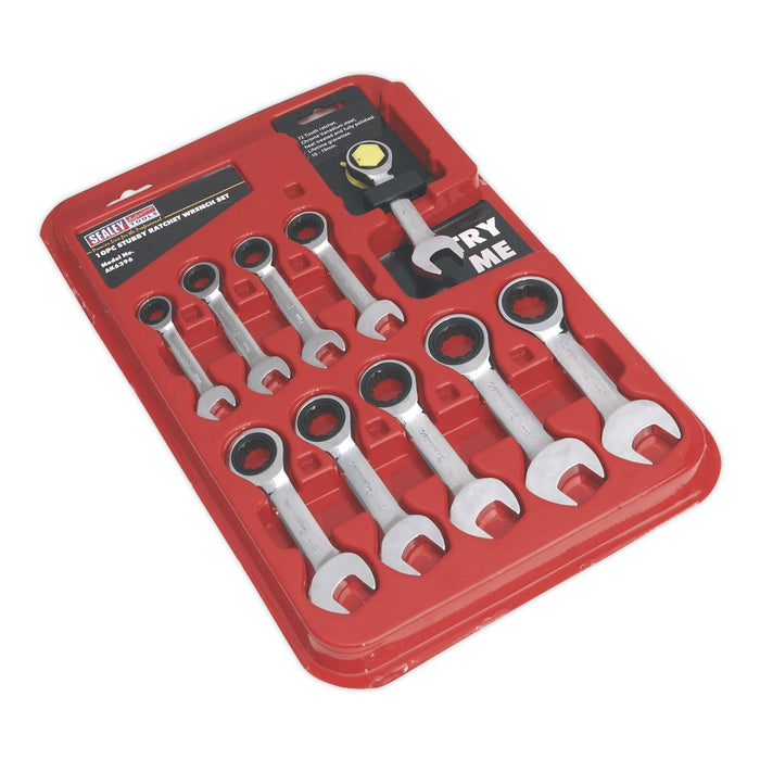 Sealey Combination Ratchet Spanner Set 10pc Stubby Metric AK6396 Sealey - Town Tools 